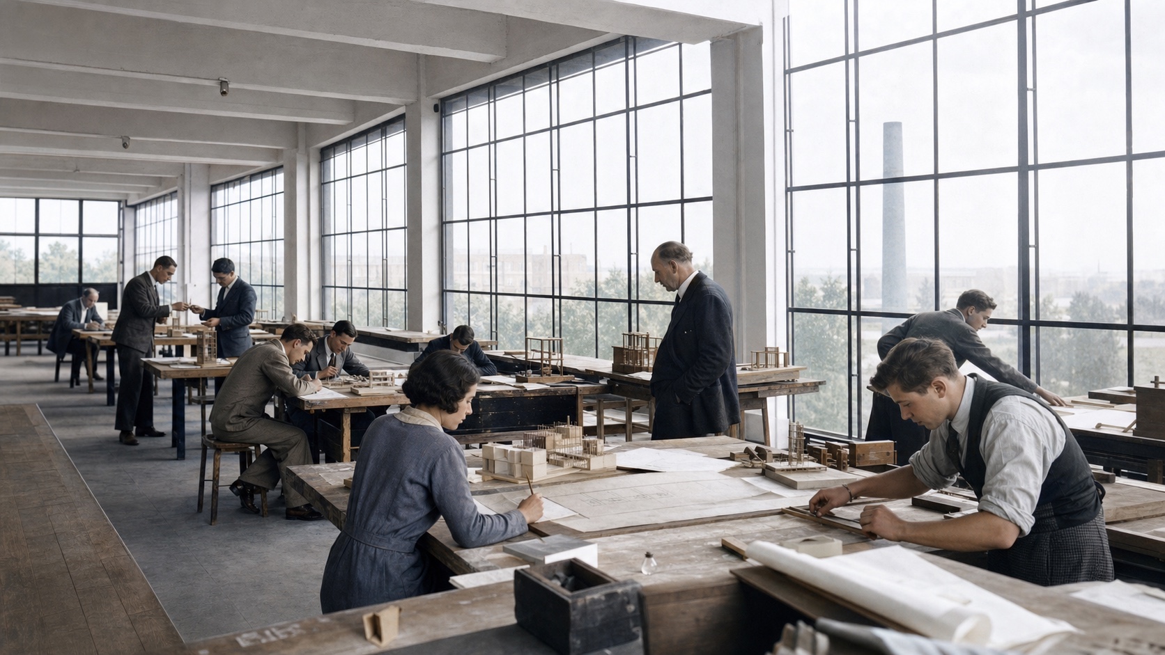 Estudiantes diseñando y construyendo modelos en un taller luminoso de la Bauhaus de Dessau en 1926