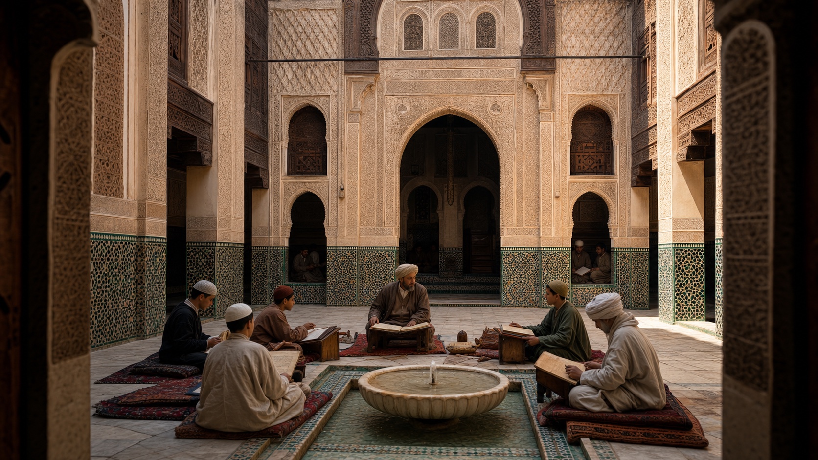 Lección en el patio de la Madrasa Al-Attarine de Fez con estudiantes, mosaicos, arcos y una fuente central