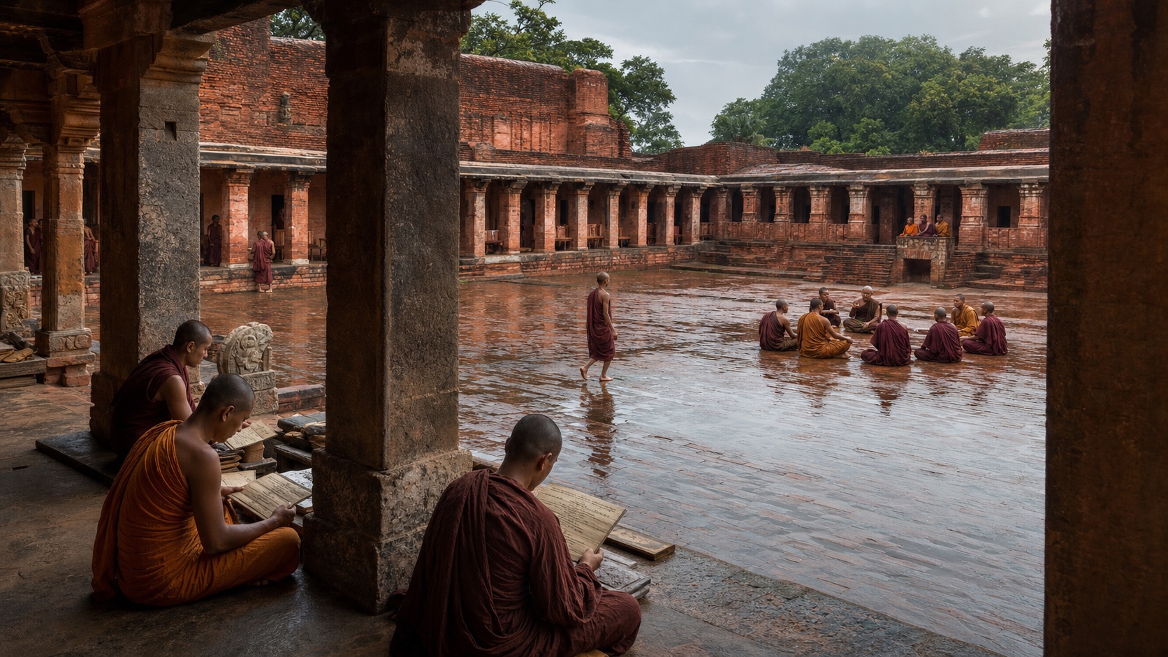 Reconstrucción de estudiantes y maestros debatiendo en el patio de ladrillo rojo de Nalanda en el siglo VII